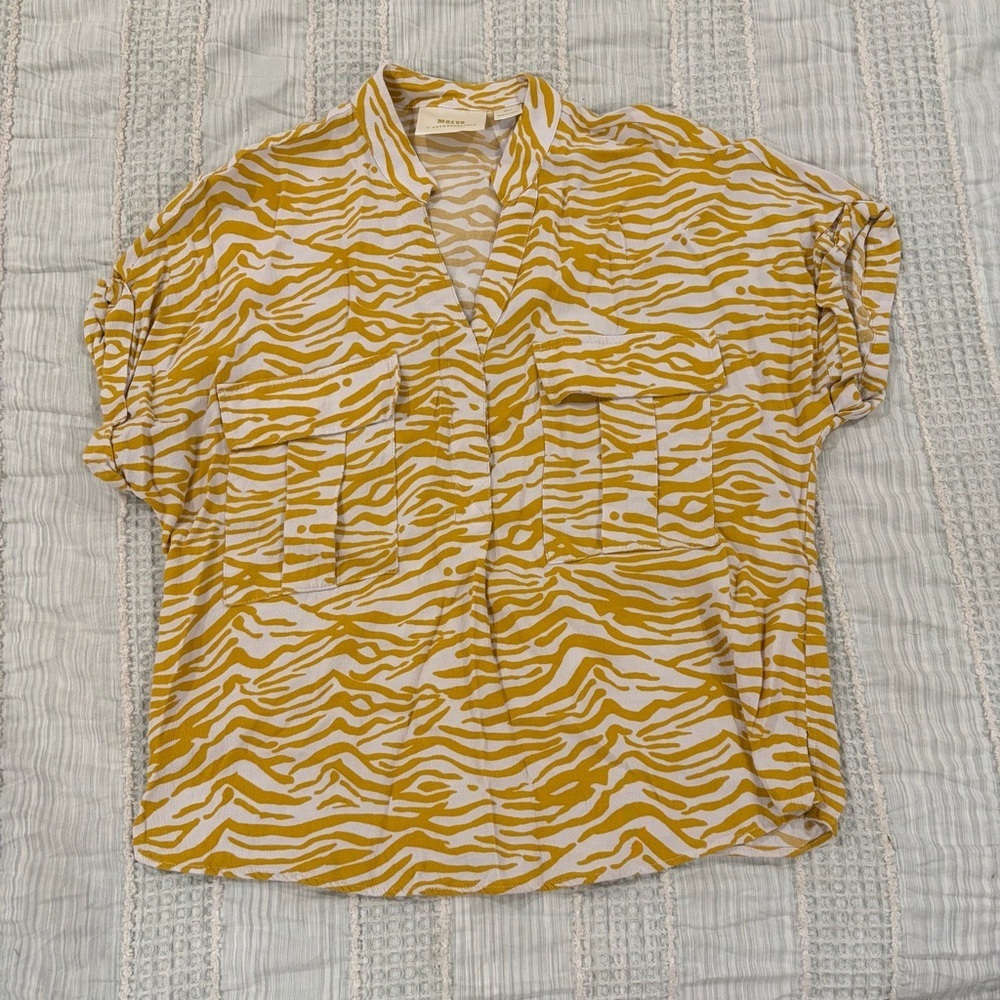 Maeve by Anthropologie Amira Utility Blouse Zebra Print Yellow White V-Neck Sz S